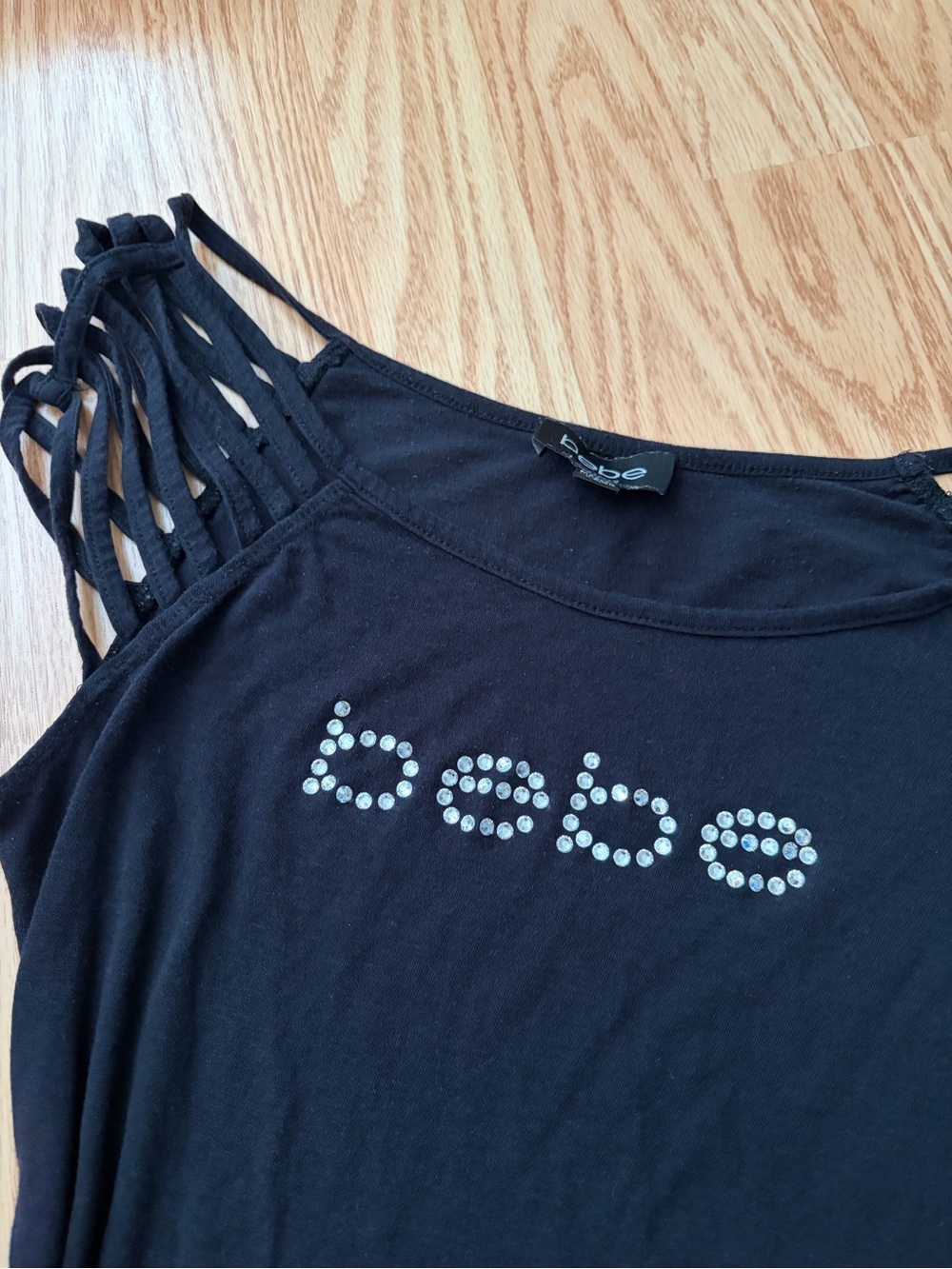Y2K bebe Black Rhinsetone Logo Off shoulder with Strappy Cut out Shoulders - Picture 2 of 3